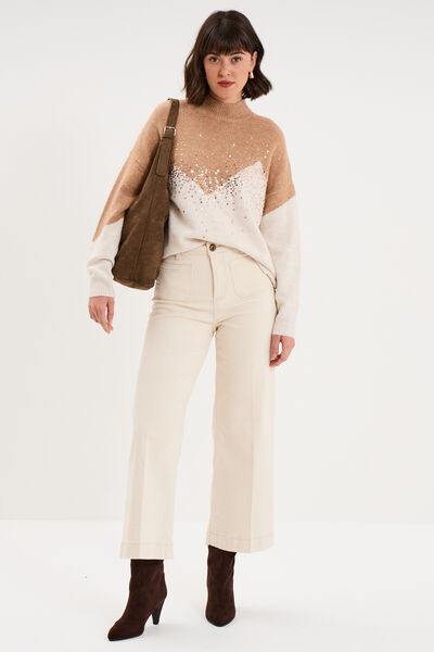 Pull col montant &agrave; sequins oversize beige femme
