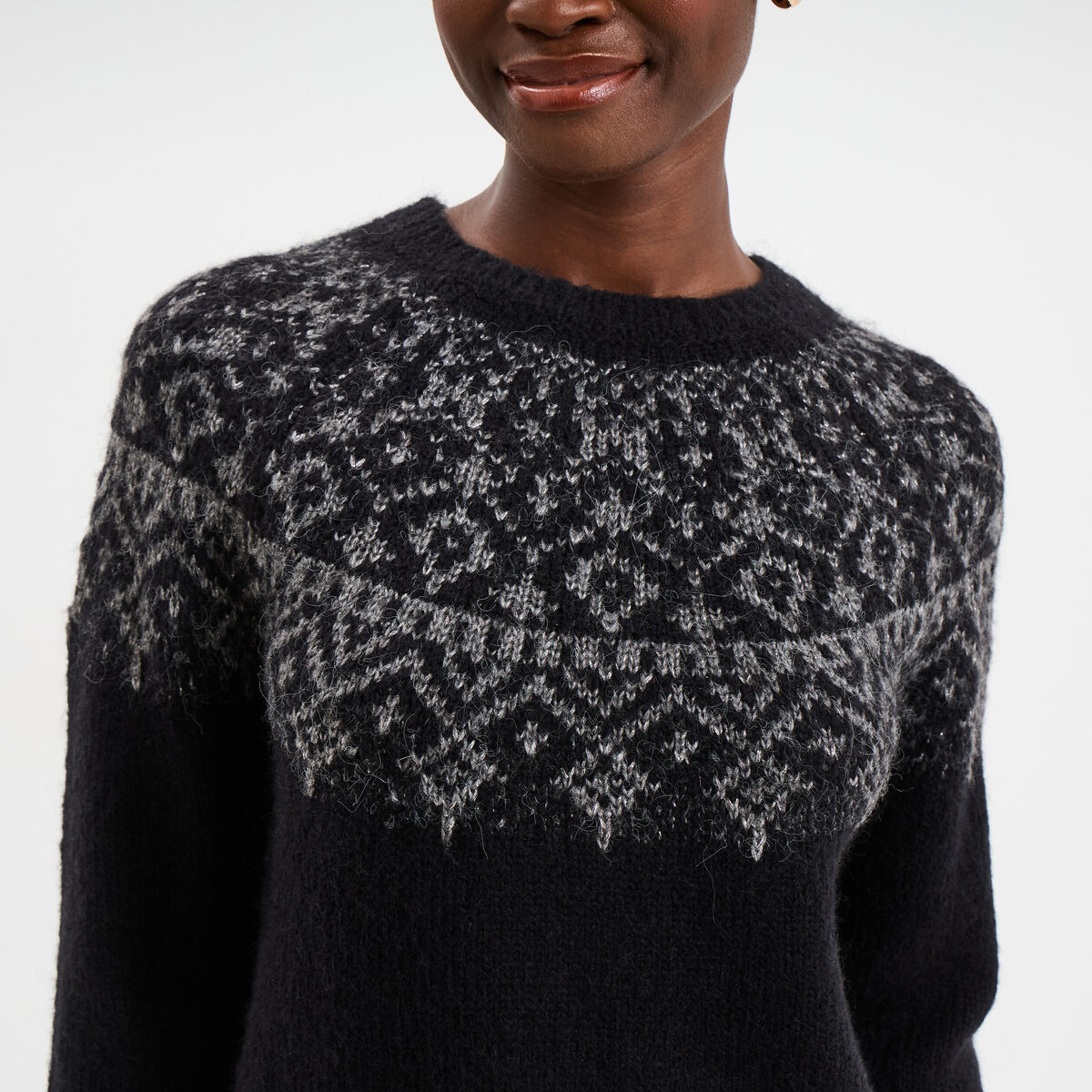 Pull jacquard col rond manches longues noir femme