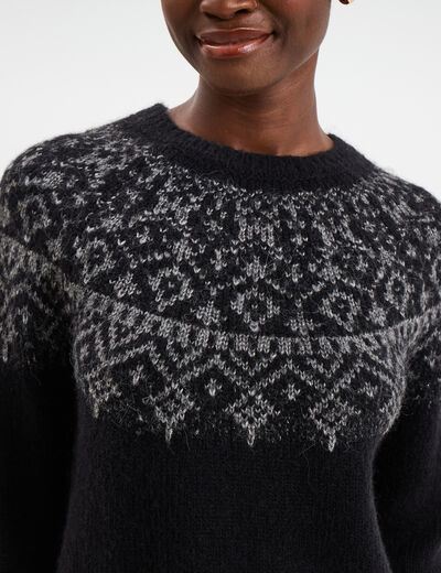 Pull jacquard col rond manches longues noir femme