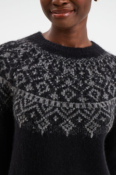 Pull jacquard col rond manches longues noir femme
