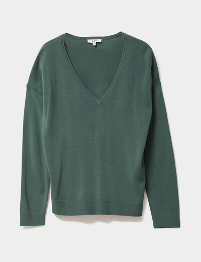 Pull col en V manches longues vert femme