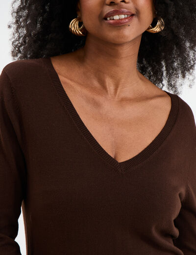Pull col en V manches longues marron foncé femme