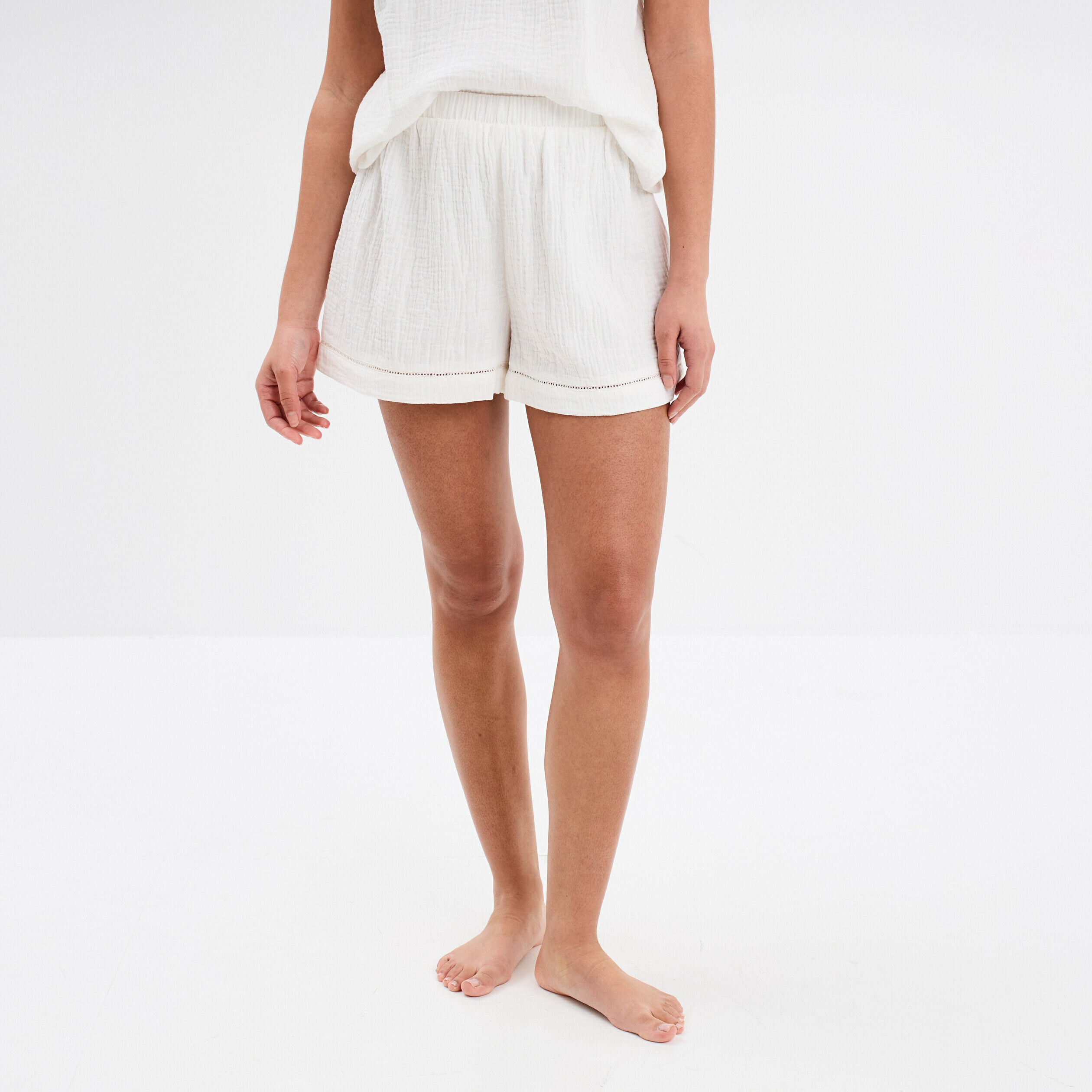 Bas de pyjama short gaze de coton blanc femme LH