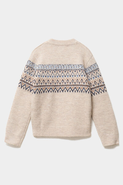 Pull jacquard col rond manches longues ecru gar&ccedil;on