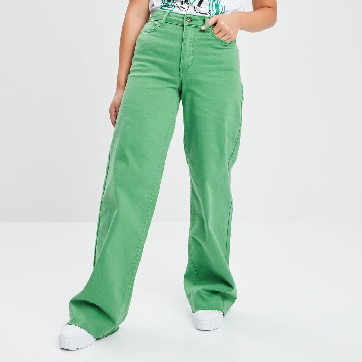 Pantalon wide leg taille haute vert femme