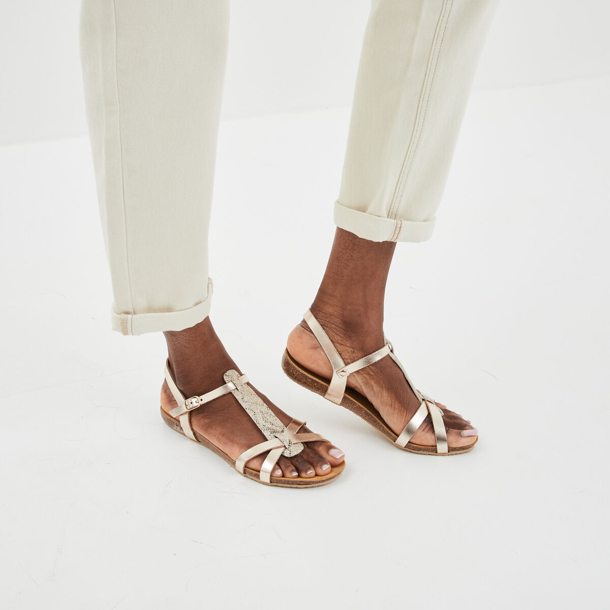 Sandales plates en cuir Creeks jaune or femme