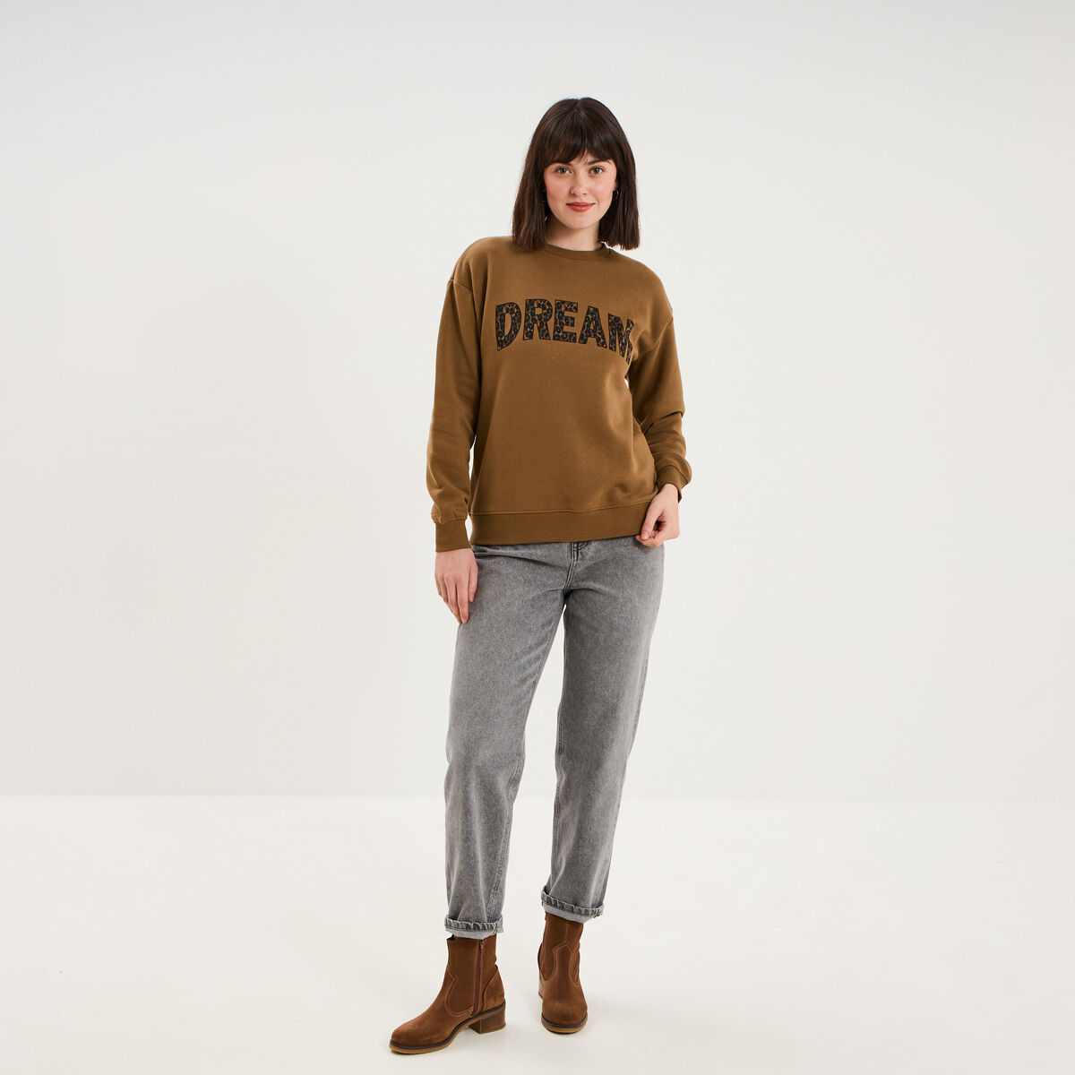 Sweat col rond manches longues beige femme