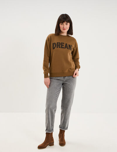 Sweat col rond manches longues beige femme