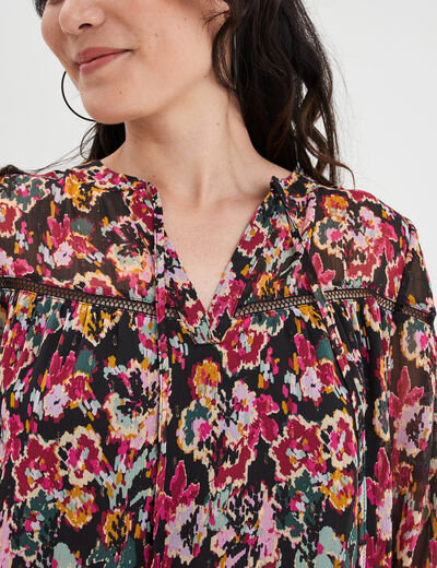 Blouse crêpe col cordons à nouer noir femme