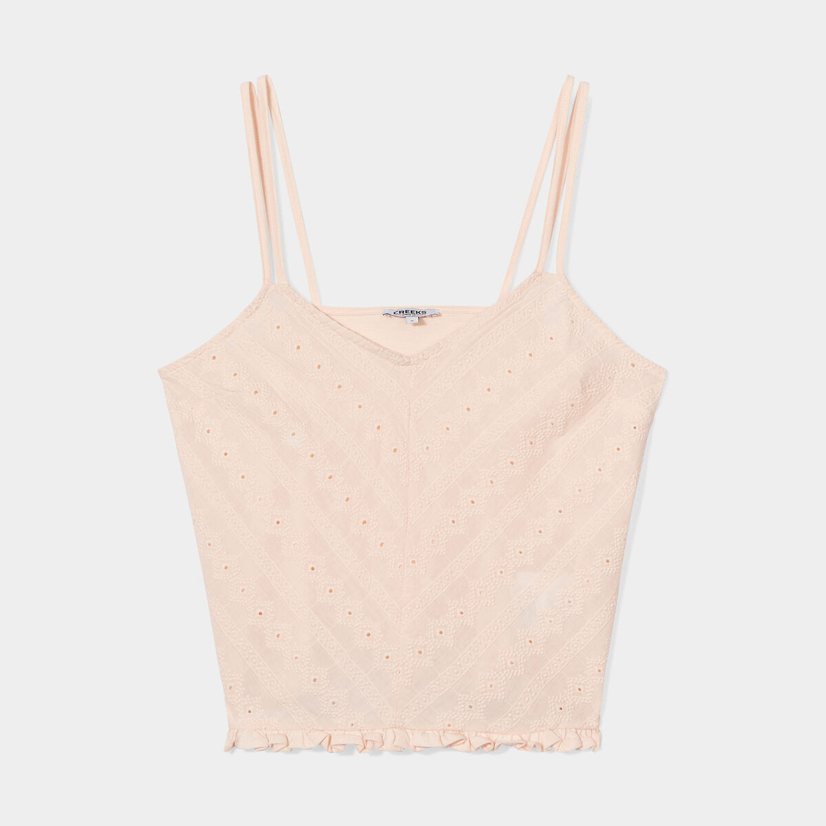 Débardeur broderie anglaise à volants rose clair femme