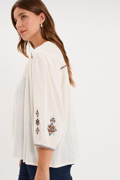 Blouse brod&eacute;e manches bouffantes 3/4 ecru femme grande taille