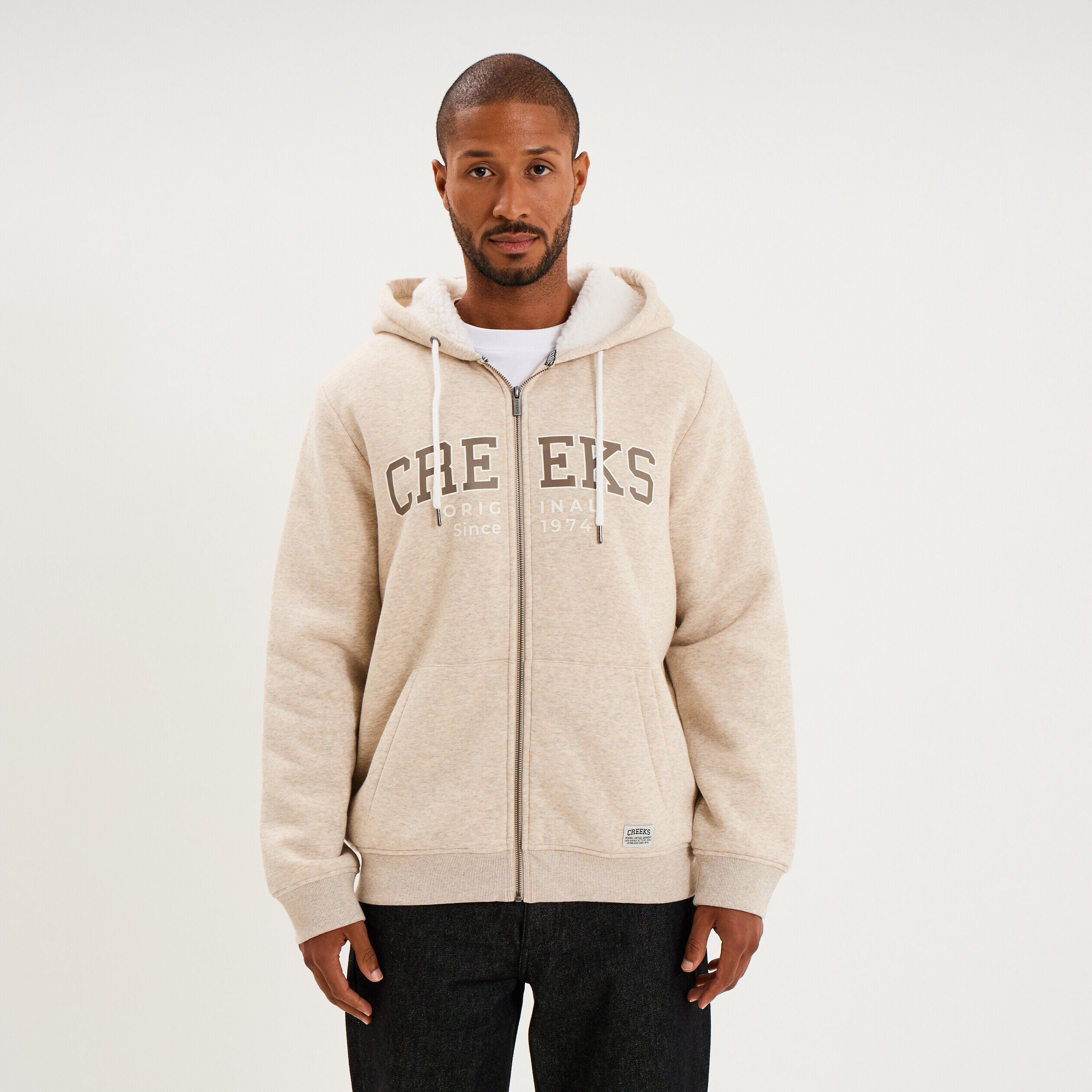 Sweat zippé à capuche doublé polaire beige homme CREEKS