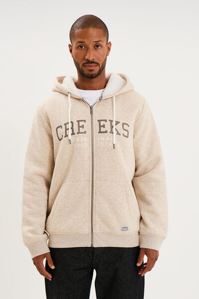 Sweat zipp&eacute; &agrave; capuche doubl&eacute; polaire beige homme
