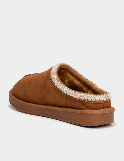 Mules fourr&eacute;es d&eacute;tails brod&eacute;s marron femme