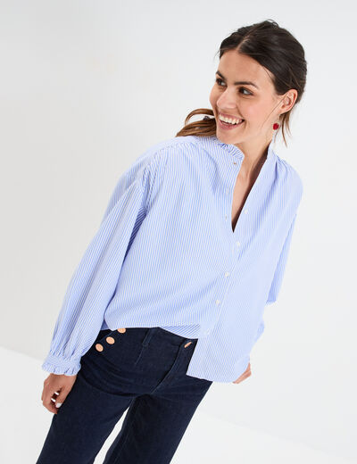 Blouse boutonnée col montant bleu ciel femme