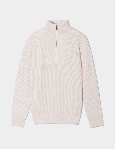 Pull avec col camionneur côtelé beige homme