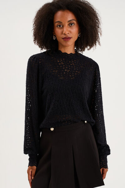 Blouse dentelle col montant noir femme