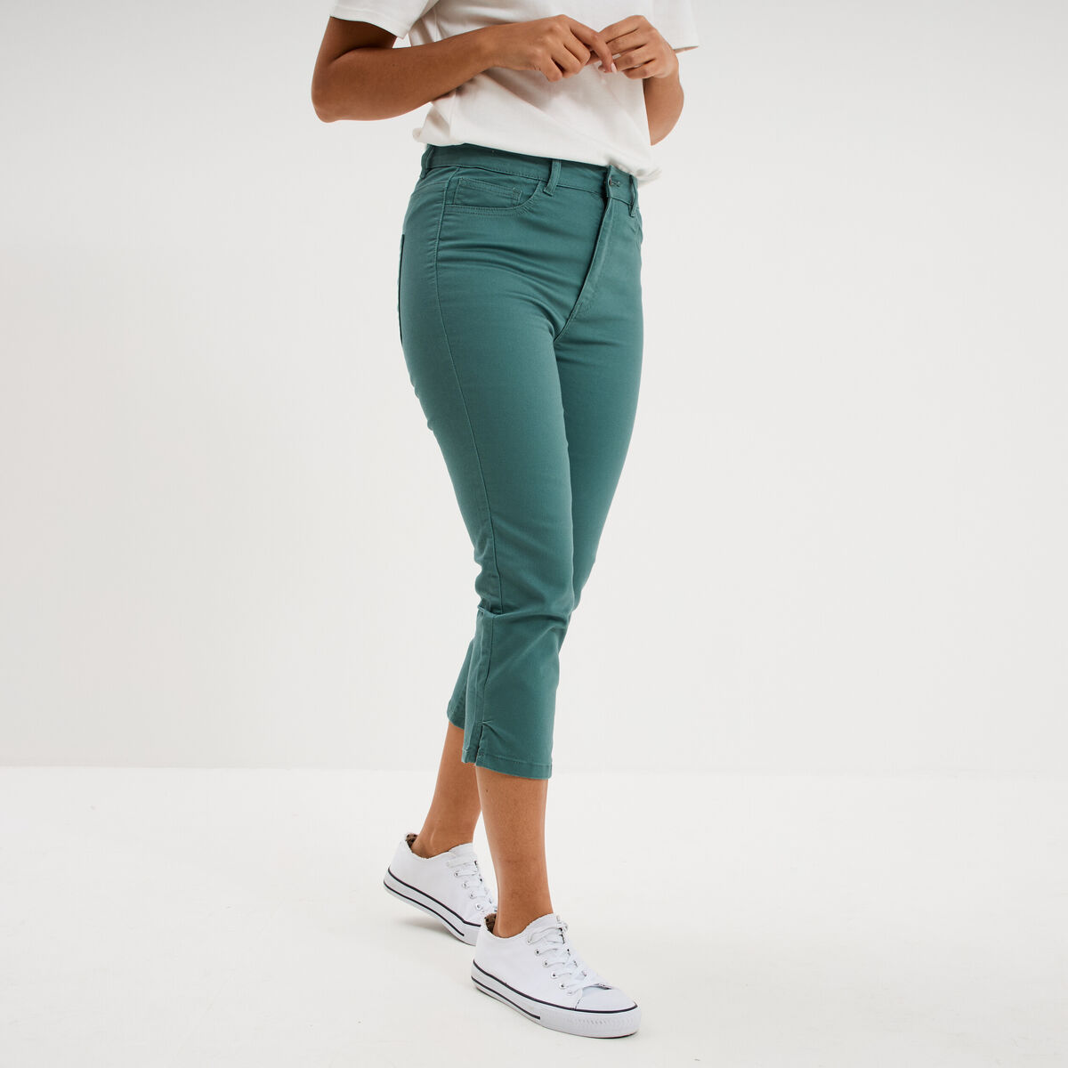 Pantalon capri slim twill 5 poches vert fonc&eacute; femme