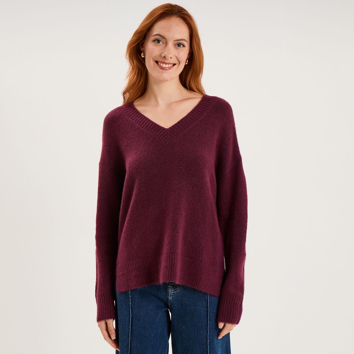 Pull col en V manches longues prune femme