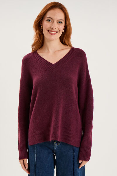 Pull col en V manches longues prune femme