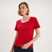 Pull col rond textur&eacute; manches courtes rouge femme