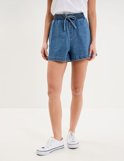 Short jogger en jean &eacute;lastiqu&eacute; denim stone femme
