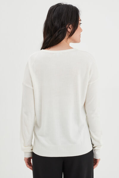 Pull col en V manches longues blanc femme