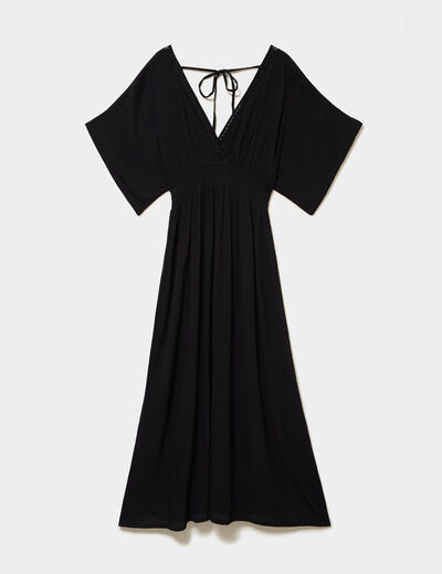 Robe fluide longue col et dos en V noir femme