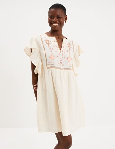 Robe brod&eacute;e manches volants coton creme femme