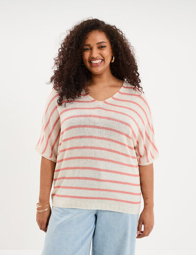 Pull manches 3/4 col en V blanc femme grande taille