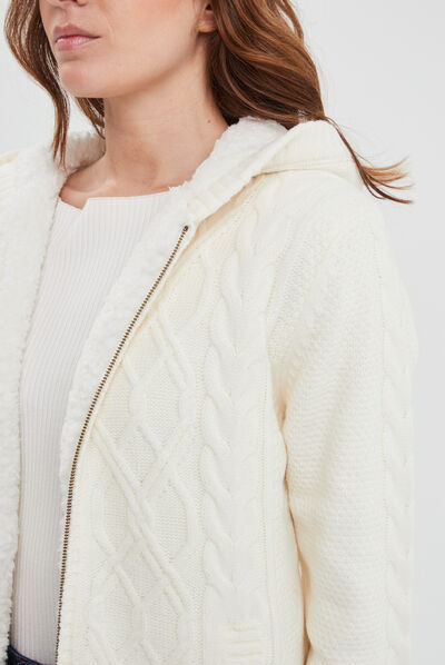 Gilet zippé doublure sherpa à capuche ecru femme