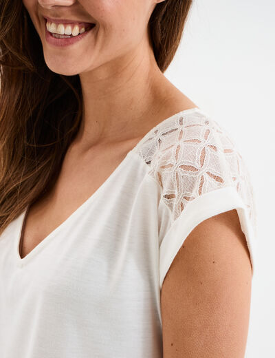 T-shirt col en V dentelle épaules et dos blanc femme