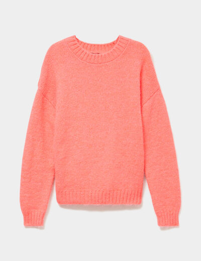 Pull col rond manches longues rose fluo femme