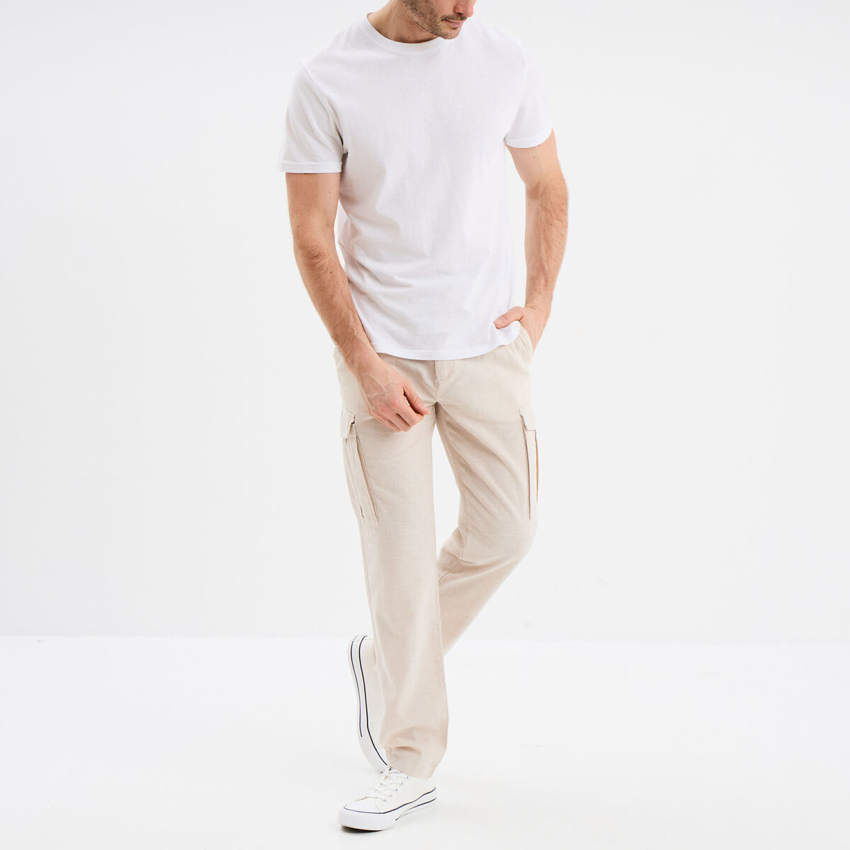 Pantalon cargo en lin m&eacute;lang&eacute; gris clair homme