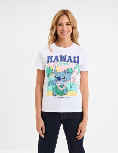 T-shirt manches courtes coton Stitch blanc femme