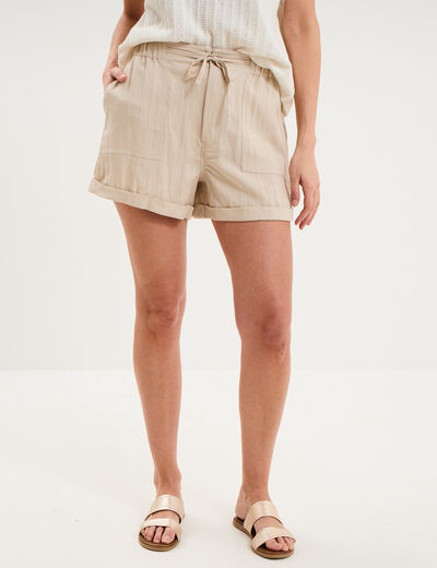 Short cargo taille &eacute;lastiqu&eacute;e beige femme