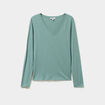 T-shirt col en V manches longues coton bleu gris femme