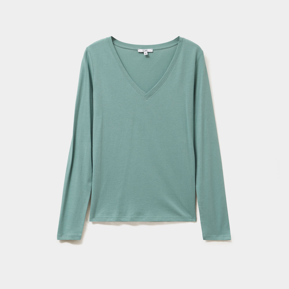 T-shirt col en V manches longues coton bleu gris femme