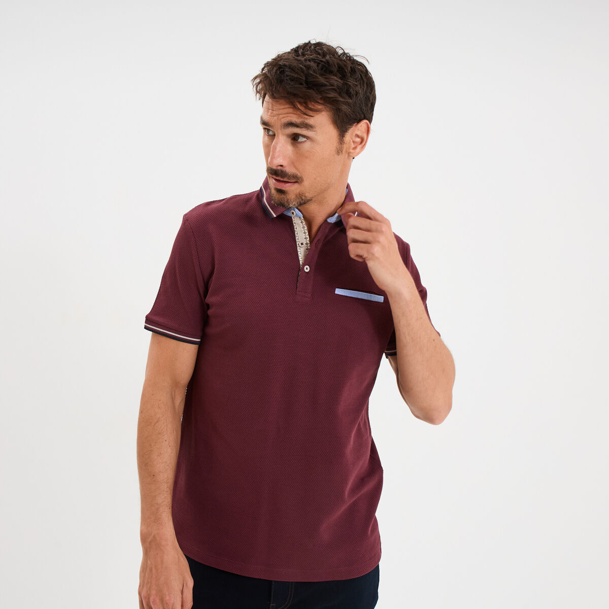 Polo piqu&eacute; manches courtes coton prune homme