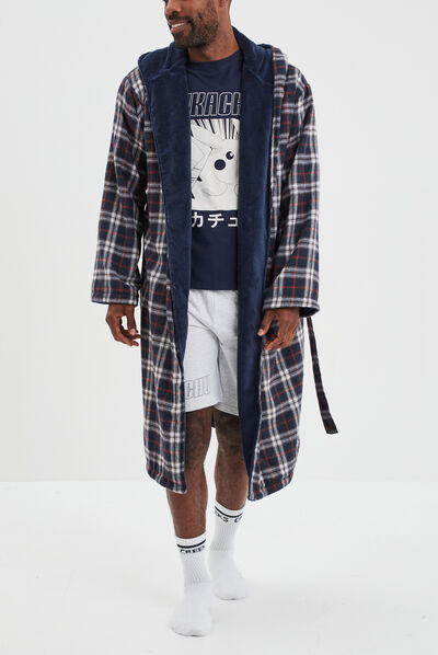 Peignoir doublé à capuche et ceinture bleu marine homme