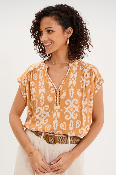 Blouse cr&eacute;pon manches courtes jaune ocre femme
