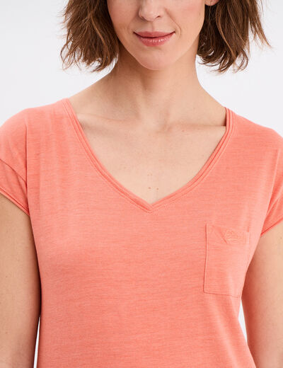 T-shirt col v poche poitrine Creeks rose corail femme