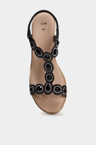Sandales compens&eacute;es d&eacute;tails bijoux noir femme