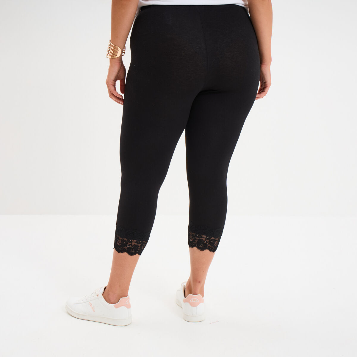 Legging 7/8&egrave;me bandes dentelle noir femme grande taille