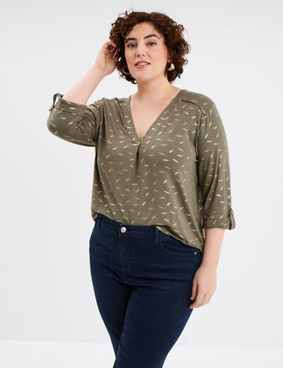 T-shirt manches 3/4 bandes ajourées vert kaki femme grande taille