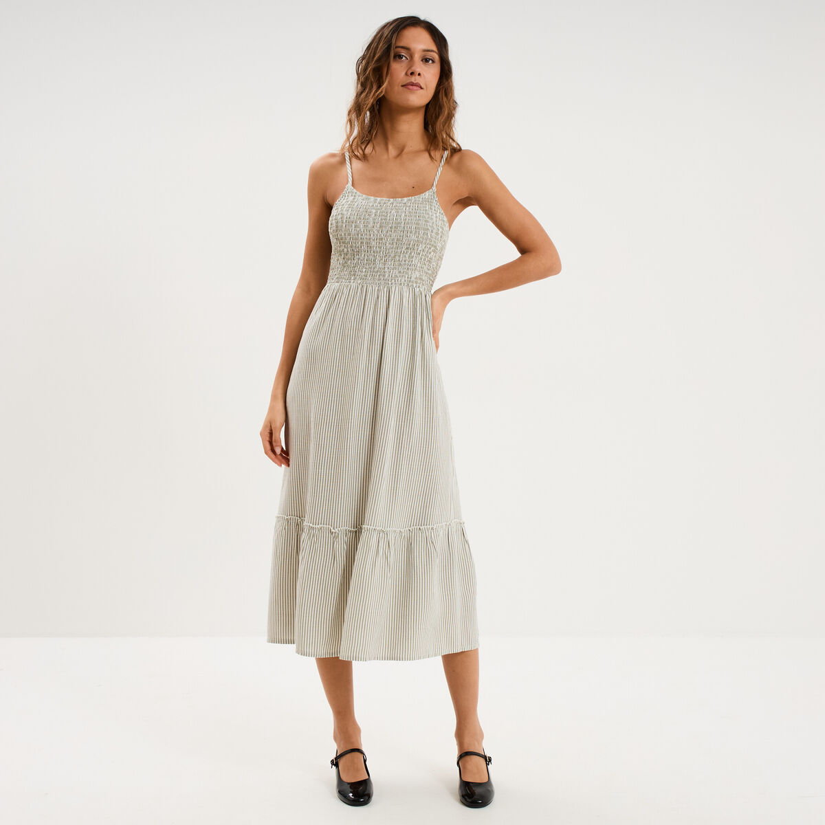 Robe longue buste smock&eacute; lin m&eacute;lang&eacute; blanc femme