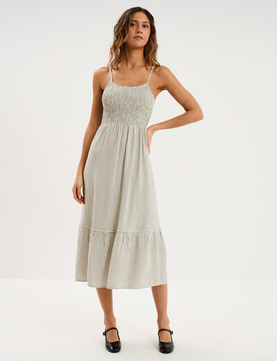 Robe longue buste smock&eacute; lin m&eacute;lang&eacute; blanc femme