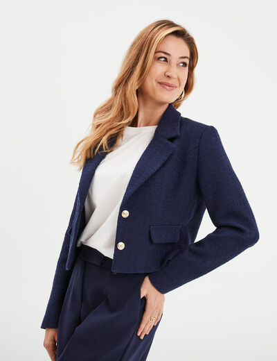 Veste courte tweed col tailleur bleu marine femme