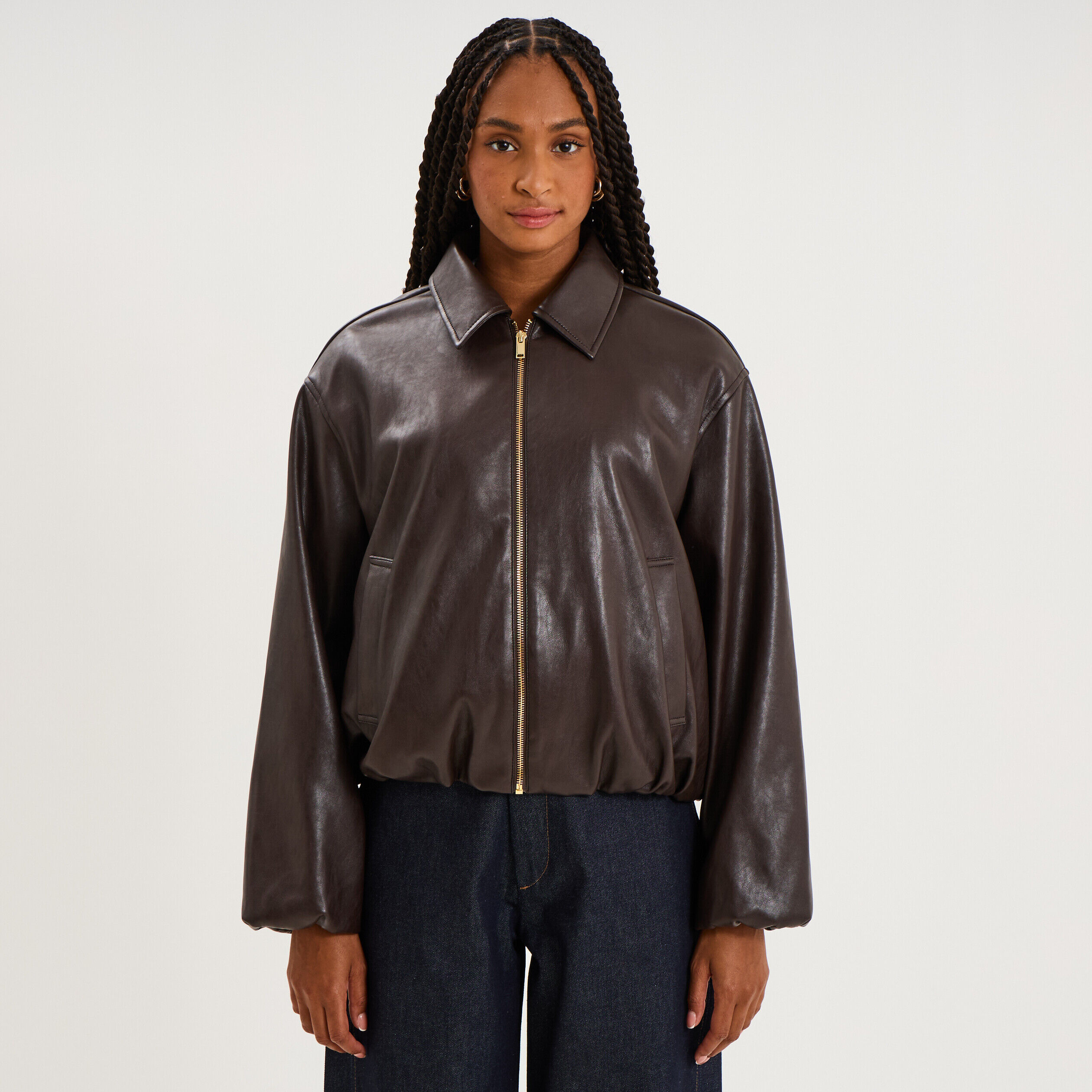 blouson court oversize similicuir zippé marron foncé femme