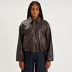 blouson court oversize similicuir zipp&eacute; marron fonc&eacute; femme